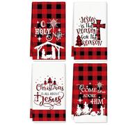 Whaline 4Pcs Christmas Kitchen Dish Towel 18 x 28 Inch Red Black Plaid Holy Night Dishcloth Xmas Nativity Hand Drying Tea Towel for Holiday Cooking Baking Cleaning