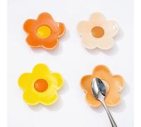 Whaline 4Pcs Flower Coffee Spoon Rest Groovy Retro Flower Ceramic Teaspoon Holder Boho Daisy Sauce Dishes Dipping Bowl Floral Ring Dish for Groovy Retro Boho Party Kitchen Office Home Decor