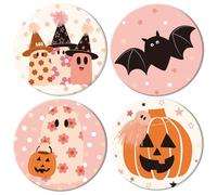 Whaline 4Pcs Halloween Coasters Pink Ghost Bat Pumpkin Ceramic Coasters Absorbent Cup Mat for Home Kitchen Office Party Table Decor