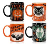 Whaline 4Pcs Halloween Mug Pumpkin Black Cat Bat Skeleton Coffee Mug Orange Black Ceramic Drinking Mugs for Halloween Party Supplies Table Centerpieces, 12oz