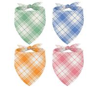 Whaline 4Pcs Pastel Plaid Dog Bandana Triangle Pet Scarf Adjustable Puppy Neckerchief Pink Blue Green Orange Dog Bib for Spring Medium Large Cat Costume Accessories