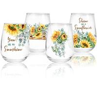 Whaline 4Pcs Sunflower Stemless Wine Glasses 17oz Watercolor Sunflower Drinking Glasses Summer Flower Tumbler Cups Floral Party Cups for Summer Party Supplies Kitchen Decorations Gifts