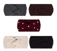 Whaline 5 Pieces Winter Knit Headbands Chunky Knit Headbands,4 Elastic Turban Head Wraps and 1 Pearl Crochet Hair Band, Ear Warmer Crochet Head Wraps for Women Girls (Autumn&Winter Colors)