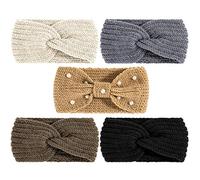 Whaline 5 Pieces Winter Knit Headbands Chunky Knit Headbands,4 Elastic Turban Head Wraps and 1 Pearl Crochet Hair Band, Ear Warmer Crochet Head Wraps for Women Girls (Gray & Brown Colors)
