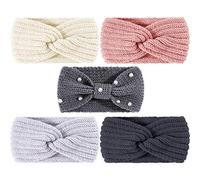 Whaline 5 Pieces Winter Knit Headbands Chunky Knit Headbands,4 Elastic Turban Head Wraps and 1 Pearl Crochet Hair Band, Ear Warmer Crochet Head Wraps for Women Girls (Pink & Gray Colors)