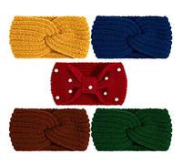 Whaline 5 Pieces Winter Knit Headbands Chunky Knit Headbands,4 Elastic Turban Head Wraps and 1 Pearl Crochet Hair Band, Ear Warmer Crochet Head Wraps for Women Girls (Bright & Dark Colors)