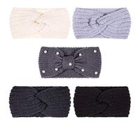 Whaline 5 Pieces Winter Knit Headbands Chunky Knit Headbands,4 Elastic Turban Head Wraps and 1 Pearl Crochet Hair Band, Ear Warmer Crochet Head Wraps for Women Girls (Blue Grey Colors)