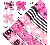 Whaline 5 Rolls Halloween Wired Edge Ribbons Boo Ghost Spider Web Dots Stripe Craft Ribbon Pink Black Fabric Wrapping Ribbon for Bow Wreath Party Home Decor, 2.5 Inch, 30 Yards