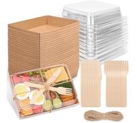 Whaline 50 Pack 7x5 Inches Charcuterie Boxes with Clear Lids Forks Knives Kraft Dessert Box Disposable Food Containers for Wedding Gift Giving Valentines Party Sandwich Cookie Sushi Cake