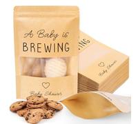 Whaline 50 Pack Kraft Paper Resealable Bags Mini Coffee Baby Shower Favor Bag A Baby is Brewing Stand Up Pouches Bag with Window for Gender Reveal Party Donuts Goodie Candy Gifts Supplies, 3.9x5.9 In