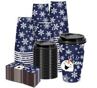 Whaline 50 Pcs Christmas Coffee Paper Cups Xmas Blue Snowman Snowflake Disposable Cups with Lids and Sleeves for Winter Holiday Party Supplies Hot Cold Drinks, 16 Oz