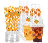 Whaline 50 Pcs Fall Plastic Cups with Lids and Straws Orange Pumpkin Clear Plastic Cups 12 Oz Pumpkin Disposable Cup for Autumn Thanksgiving Party Supplies
