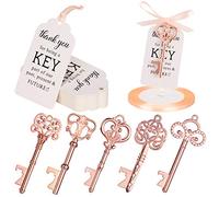 Whaline 50 Pcs Key Bottle Opener Bulk Assorted Rose Gold Vintage Skeleton Keys with White Tag Cards, 25 Yard Rose Gold Ribbon for Guests Wedding Favor Bridal Baby Shower Bachelorette Party Supplies