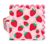Whaline 50 Pcs Strawberry Scalloped Paper Napkins Pink Red Strawberry Flower Disposable Napkins Fruit Luncheon Dinner Napkin for Birthday Summer Party Table Supplies