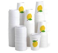 Whaline 50 Pcs Summer Disposable Coffee Cup with Lid 16 Oz White Lemon Paper Cup Drinking Cups for Cafe Shop Cappuccino Chocolate Beverage Cocoa