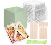 Whaline 50 Set 4.7 x 4.3 In Sage Green Small Charcuterie Boxes with Clear Lids Forks Knives Clear Mini Dessert Boxes Disposable Food Containers for Wedding Birthday Sandwich Cookies Sushi Cake Fruits
