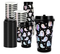 Whaline 50 Set Halloween Disposable Coffee Cups with Lids Silver Laser Ghost Paper Cups Black Iridescent Drinking Cup for Halloween Little Boo Party Supplies