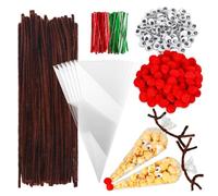 Whaline 500Pcs Christmas Cone Bags Set Clear Cello Treat Bags Brown Chenille Stems Red Pompom Balls and Wiggle Eyes Decorations Xmas Pipe Cleaners Set for Candy Cookie Storage Christmas Party Favor
