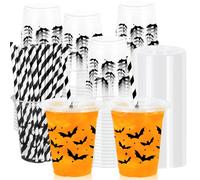 Whaline 50Pcs 12Oz Halloween Plastic Cups with Lids & Straws Black Bat Disposable Clear Drinking Cups for Home Party Supplies