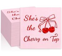 Whaline 50Pcs Cherry Bow Cocktail Napkins Red Foil Cherries Disposable Napkin She's the Cherry on Top Beverage Napkin for Wedding Bride Baby Shower Supplies