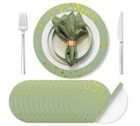 Whaline 50Pcs Christmas Sage Green Paper Placemats 14 Inch Disposable Gold Foil Polka Dot Table Mat Sage Round Paper Mat for Christmas Home Kitchen Wedding Dining Table Decor