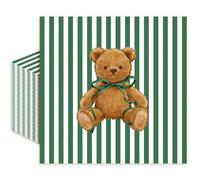 Whaline 50Pcs Cute Bear Cocktail Napkins Green White Striped Paper Napkin | Brown Bear, Disposable, Drink Beverage Napkin, Baby Shower Birthday Gender Reveal Party Supplies