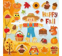 Whaline 50Pcs Happy Fall Thick Gel Window Clings Thanksgiving Scarecrow Pumpkin Apples Maple Leaves Turkey Reusable Window Decals for Autumn Harvest Party School Classroom Nursery Decor, 2 Sheets