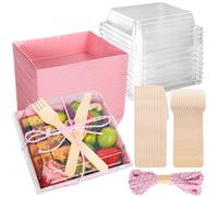 Whaline 50Pcs Small Charcuterie Boxes with Clear Lids Pink Mini Dessert Boxes with Forks and Knives Disposable Food Containers for Sandwich Cookie Sushi Cake Slice Strawberries