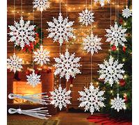 Whaline 54Pcs Christmas Glitter Snowflake 3 Sizes Silver Winter Snowflake Ornament Christmas Hanging Decoration with String for Xmas Tree Wedding Birthday Baby Shower Window Door Accessories