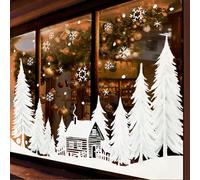 Whaline 55" Large Christmas Window Clings Window Decal White Xmas Tree Cabin Snowflake Reusable Anti-Collision Windows Decor for Winter Holiday Home Party Supplies, 8 Sheets