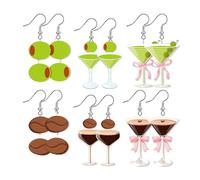 Whaline 6 Pairs Martini Acrylic Earrings Olive Coffee Bean Pink Bow Cocktail Dangle Drop Earrings for Women Jewelry Party Accessories Supplies