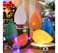 Whaline 6 Pcs Christmas Wood Ornaments Tabletop Signs Orange Blue Red Green White Yellow Wooden Light Bulb Desktop Centerpieces Crafts for Xmas Tree Tiered Tray Fireplace Party Table Decor