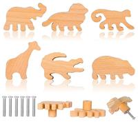 Whaline 6 Pcs Safari Animal Wooden Knobs with Screws Cute Jungle Animal Shaped Drawer Pulls Natural Wood Furniture Knobs for Nursery Room Dresser Cabinet Decor