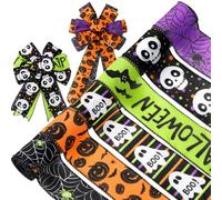 Whaline 6 Roll Happy Halloween Wired Edge Ribbon Ghost Boo Pumpkin Skull Spider Ribbon Colored Fabric Ribbons for Wreath Bow Making DIY Crafts Wrapping, 30 Yard
