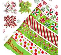 Whaline 6 Rolls Christmas Wired Edge Ribbon Candy Wired Ribbon Peppermint Candy Canes Swirl Craft Ribbon Red Green Glitter Dot Merry Christmas Decor Wired Ribbon for Gifts Crafts Bow Wreath, 30 Yards