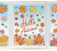 Whaline 6 Sheet Fall Thanksgiving Window Clings Hello Autumn Orange-Brown Pine Cones Maple Leaves Reusable Window Decals for Holiday Home Office Windows Glass Decor