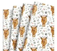 Whaline 6 Sheet Watercolor Highland Cow Wrapping Paper -Not Roll- Cow Floral Greenery Gift Wrap Paper Bulk Folded Flat DIY Craft Paper for Birthday Wedding Baby Shower, 19.7 x 27.6 In