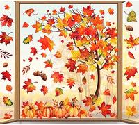 Whaline 6 Sheets Fall Maple Leaves Window Clings Thanksgiving Watercolor Maple Tree Orange-Brown Leaves Pumpkins Decals Double-Sided Glass Window Stickers for Autumn Harvest Home School Party Supplies