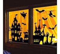 Whaline 6 Sheets Halloween Window Clings Black Castle Graveyard Bat Silhouette Reusable Window Decals for Spooky Holiday Haunted House Home Office School Glass Decor