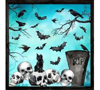 Whaline 6 Sheets Halloween Window Clings Graveyard Black Crow Bat Skull Reusable Window Decals for Gothic Party House Office School Home Glass Decor