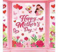 Whaline 6 Sheets Happy Mother' s Day Window Clings Window Decal Red Pink Rose Flower Heart Reusable Anti-Collision Windows Decor for Home School Office Decor Party Supplies