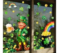Whaline 6 Sheets St. Patrick' s Day Window Clings Window Decal Shamrock Clover Leprechaun Coin Rainbow Reusable Anti-Collision Windows Decor for Irish Holiday Party Supplies