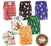 Whaline 60 Pack Christmas Goody Bags Holiday Design Gift Treat Bags with 60pcs Xmas Gift Tag Stickers for Classrooms, Party Favors and Birthdays