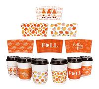 Whaline 60 Pack Fall Coffee Tea Cup Sleeves Autumn Orange Simple Pattern Paper Sleeve for 12 and 16oz Disposable Cup Corrugated Cup Paper Jacket for Hot Chocolate Cocoa or Cold Beverage, 6 Design
