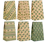 Whaline 60 Pack St. Patrick's Day Paper Gift Bags Kraft Shamrock Candy Treat Bags 6 Design Rustic Irish Flat Party Favor Bag Goodie Present Bag for Party Snack Cookie Craft Gift Wrapping Supplies