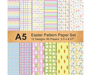 Whaline 60 Sheet Double-Sided Easter Pattern Paper Set A5 Size 12 Designs Easter Bunny Rabbit Egg Craft Paper Holiday Decorative Origami Paper for Card Making Die Cuts Scrapbook Gift Decoration