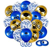 Whaline 60Pcs Graduation Balloons 7 Designs Confetti Rubber Balloons with Ribbon Rolls Congrats Grad Cap Balloon for Party Decor Supplies (Blue, Gold)