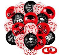 Whaline 60Pcs Graduation Balloons 7 Designs Confetti Rubber Balloons with Ribbon Rolls Congrats Grad Cap Balloon for Party Decor Supplies (Red, Black)