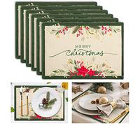 Whaline 6Pcs Christmas Burlap Placemats Poinsettia Flowers Table Mats Double-Layer Waterproof Xmas Placemat 12 x 18 Inch Heat Resistant Table Mats for Christmas Home Kitchen Decoration Supplies