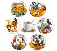 Whaline 6Pcs Halloween Coasters Watercolor Ceramic Coasters Pumpkin Gnome Pattern Drink Coasters Cup Mat for Table Room Decor Party Supplies, 4.1 x 0.3 Inch